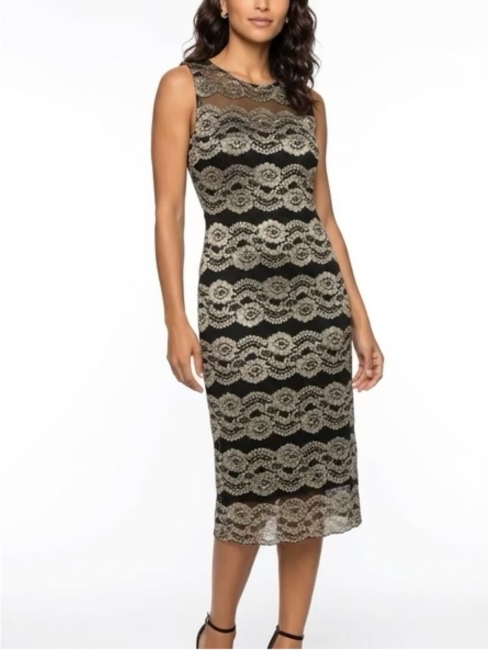 connected apparel Black and Gold Lace Midi Dress
